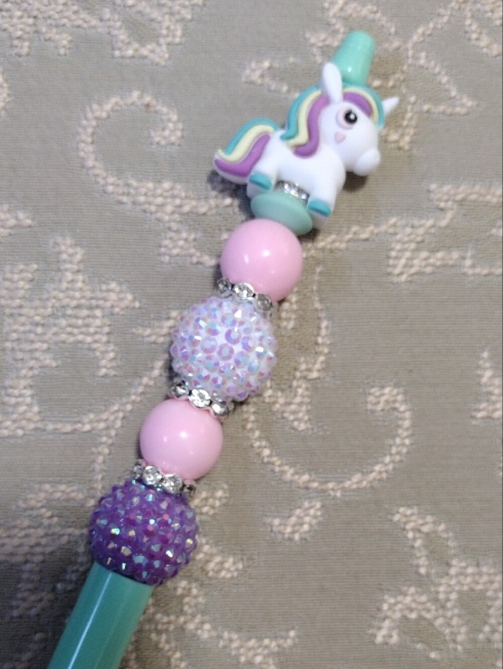 Unbranded Mint & Pastel Unicorn Beaded Ballpoint Pen - Picture 2 of 3